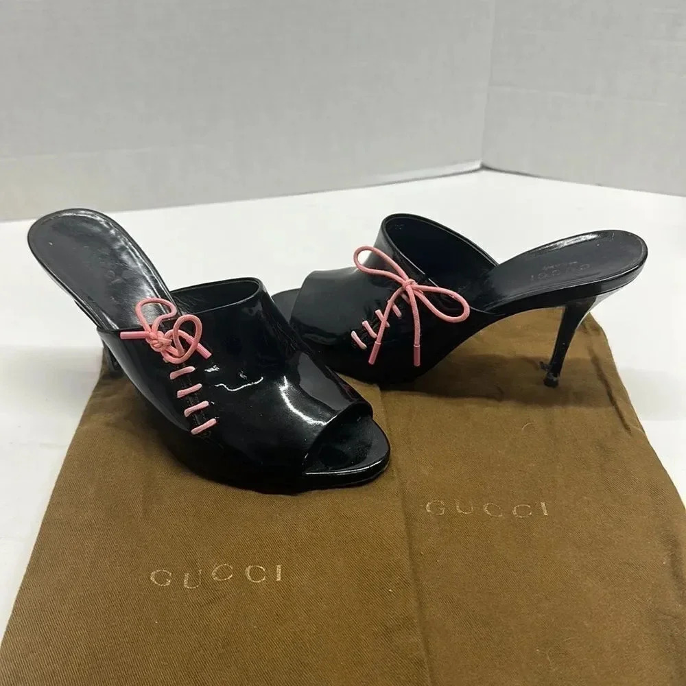 Gucci High Heels Shoes Open Toe Mules Patent Leather Lace Up Black Vintage 6.5